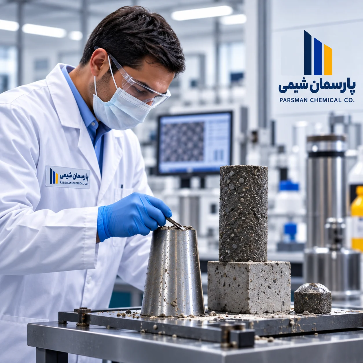آزمایش و ارزیابی نمونه‌های بتن در آزمایشگاه پارسمان شیمی