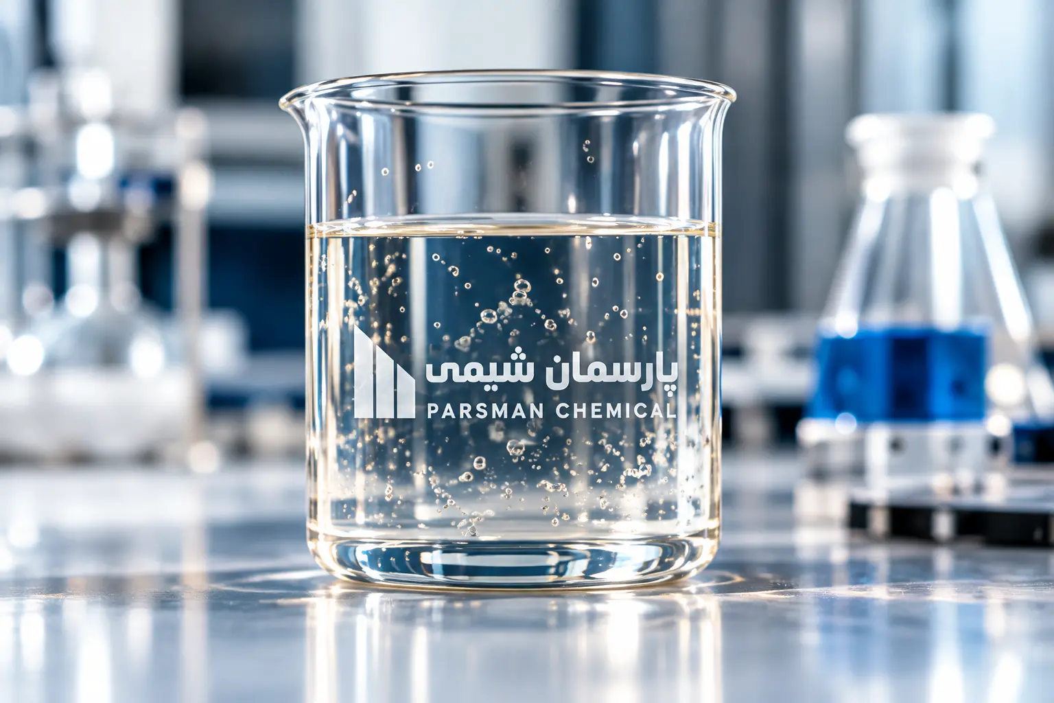 ظرف آزمایشگاهی حاوی نمونه افزودنی بتن در آزمایشگاه شیمی بتن پارسمان شیمی